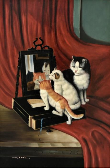 Lot 97: A MAUVE, (20th century), Three Cats, Oil on canvas, H 35½ x W 23½ inches.