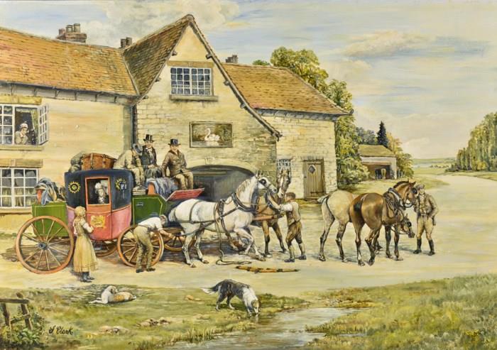 Lot 98: SAMUEL JOSEPH CLARK, (British, 1834-1912), Changing Horses at the Swan Inn, Oil on board, H 21 x W 30 inches.