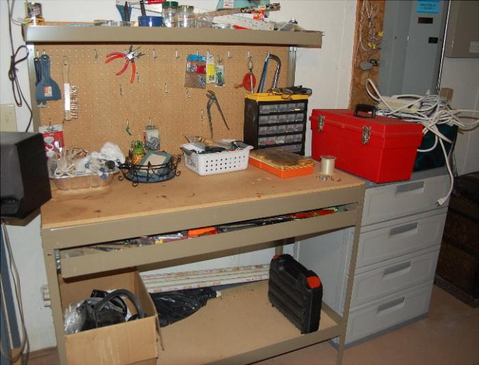 Work Bench & Some Hand & Power Tools + 1 of 3 Four Drawer Storage Cabinets 