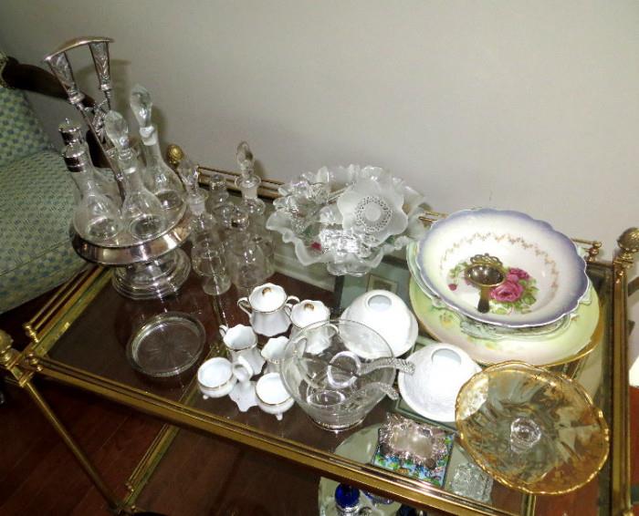 Antique Glassware, China & Brass Tea / Serving Cart