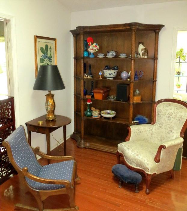 Antique Arm Chair, Oak Display Shelf Lamp & More