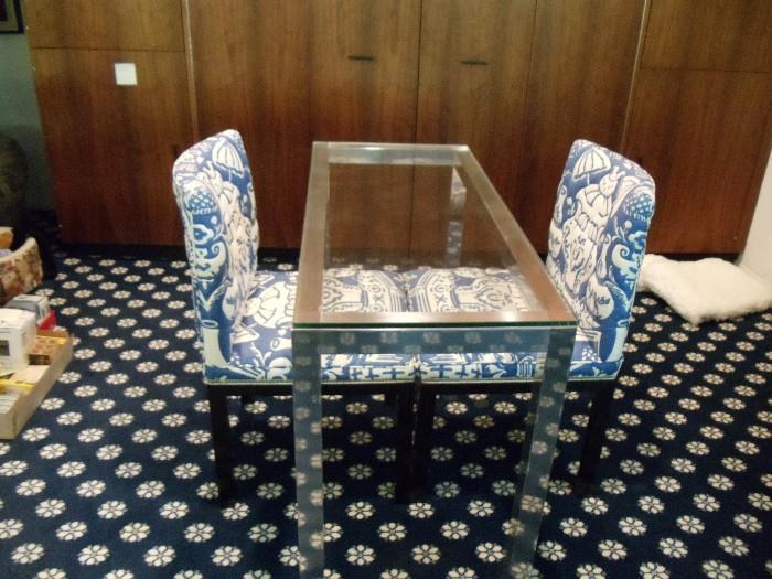 Parsons Glass Table with 2 Upholstered Parsons Chairs