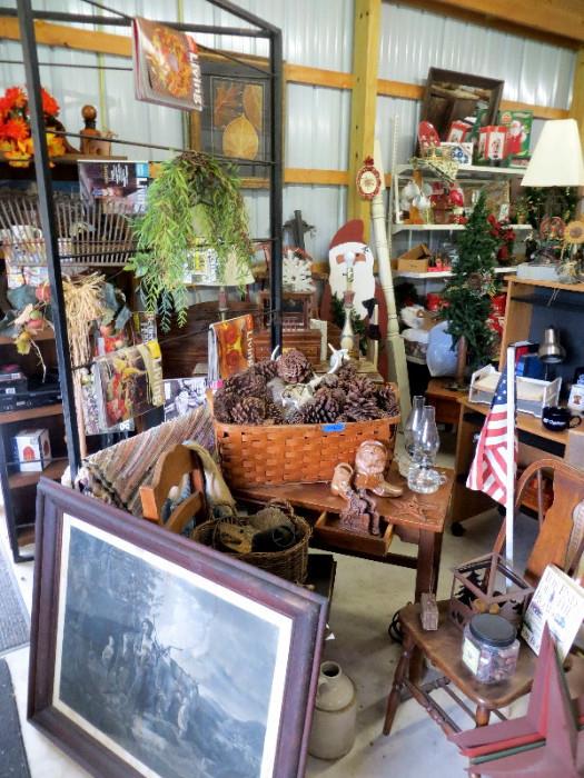 Antiques, Chairs, Baskets, Crocks, Tables, & More