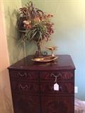 Antique burled wood cabinet; rooster/fruit/greenery arrangement 