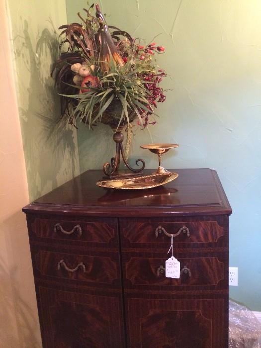 Antique burled wood cabinet; rooster/fruit/greenery arrangement 