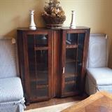     Antique cabinet; two parson's chairs in ticking