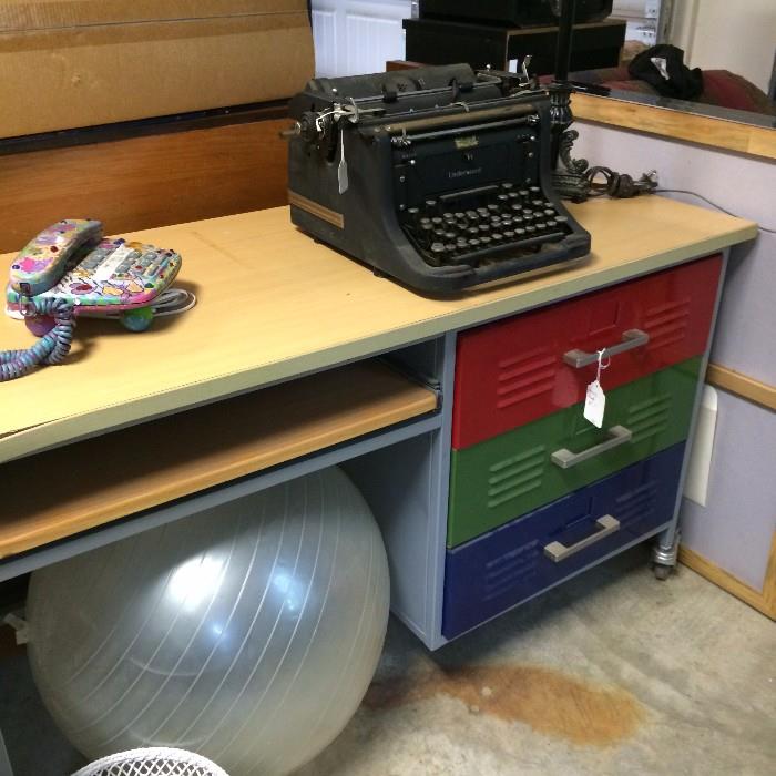   Colorful desk; vintage Underwood typewriter