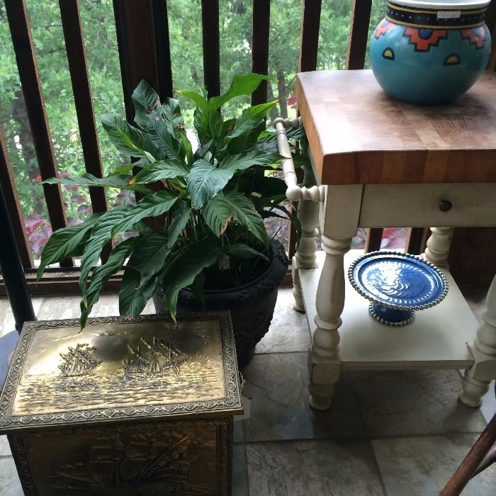 Brass box; live plant; small butcher block with drawer
