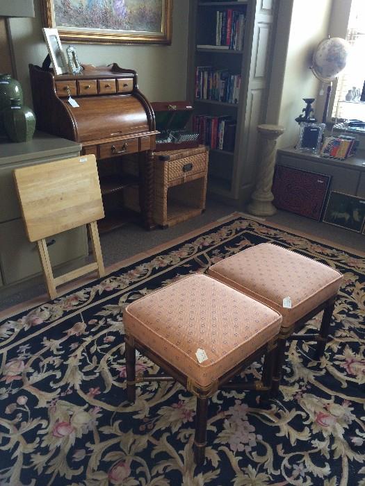 Small roll top desk; TV tray; small matching benches; many books