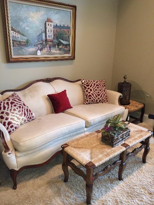 Formal sofa (as is); cane bench with 2 matching end tables