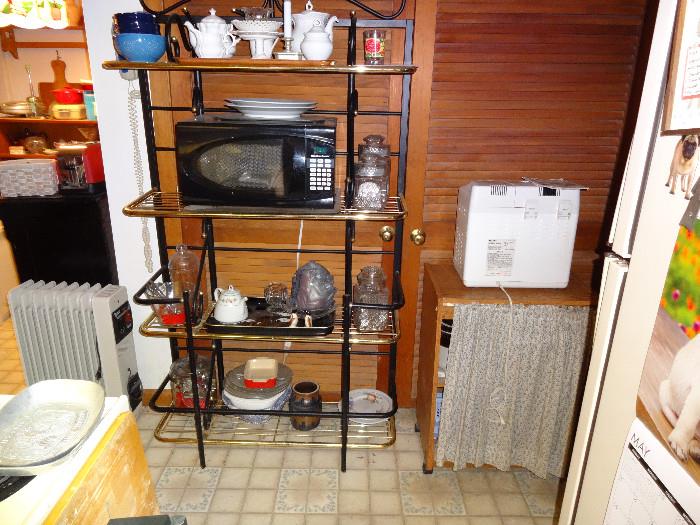 Baker's rack, microwave, bread maker, space heater.