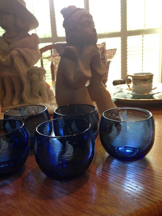 Royal Blue Glasses with etched boats and Figurines