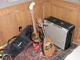 Fernandez electric guitar, and Italian mandolin, and a fender Twin Reverb Amp.