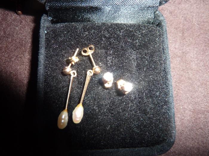 gold and diamond earrings and gold and pearl earrings