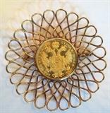 1915 Austrian Ducat. wrapped in 18K gold filigree as pin