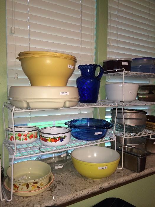 Hall bowl; yellow Pyrex bowl; lots of other bake ware