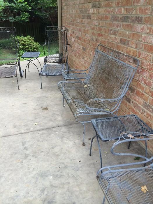 Two lounge patio chairs, settee, chair, and 3 stack tables