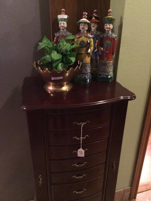        Eight drawer jewelry chest; Asian figurines