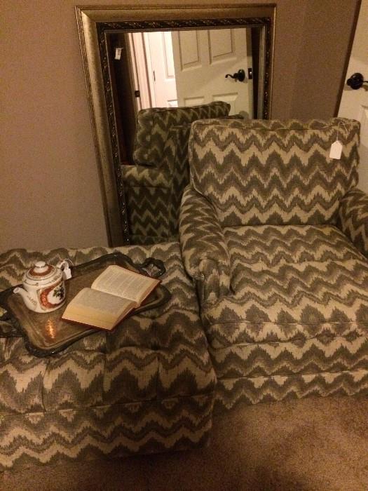 Club chair and matching ottoman; large mirror