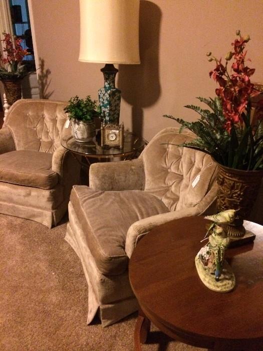 Two occasional chairs & one of two oval side tables