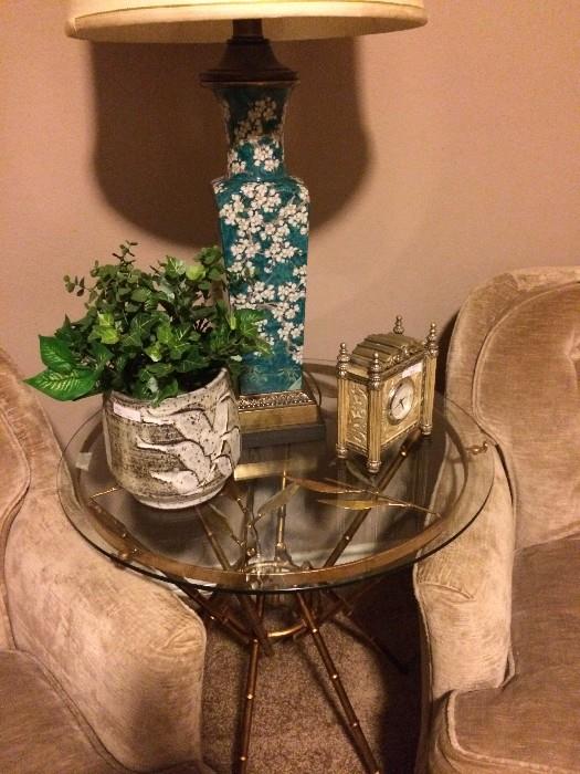 Gold and glass top table; Asian style lamp