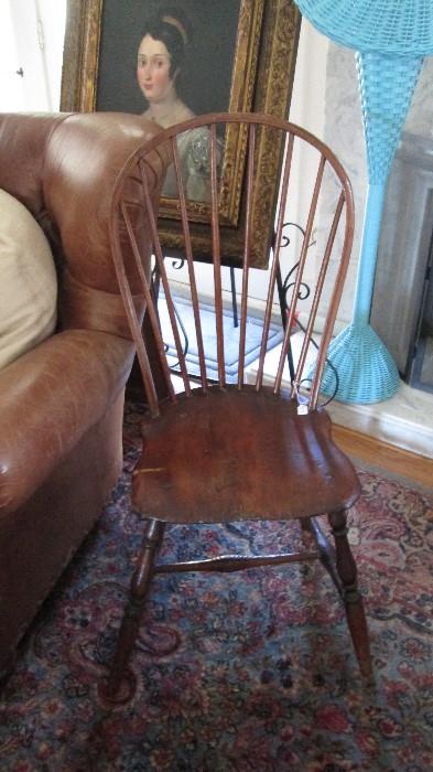 Antique Wooden Chair and Beautiful Antique Oil Painting of a Women with a Tiara