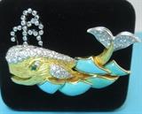 C.1939 Diamond Platinum and 18k Yellow Gold Persian Turquoise Whale Brooch Just Gorgeous!