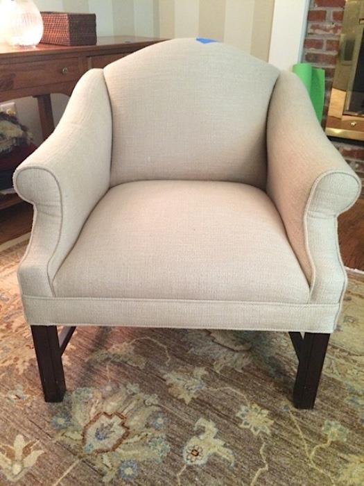 Pair of Lee industry upholstered chairs. Cream linen