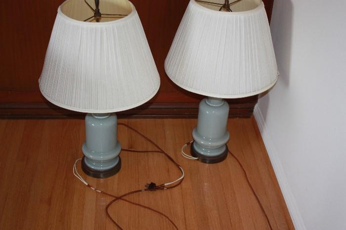 pair of blue ceramic 1940's lamps