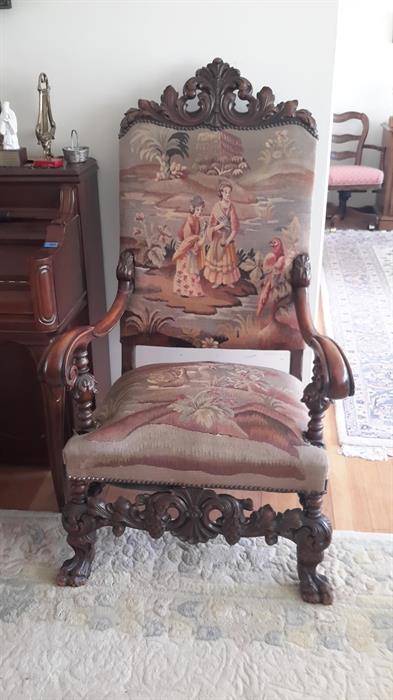 Stunning carved chair with tapestry upholstery 