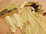 Vintage baby dress, corset, shoes, glove box, corset box