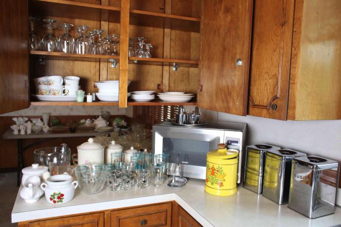 Vintage glassware, canisters, microwave.