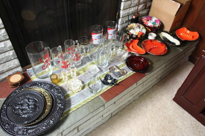 Vintage bar ware, ashtrays, match books, Avon collectable car cologne bottles.