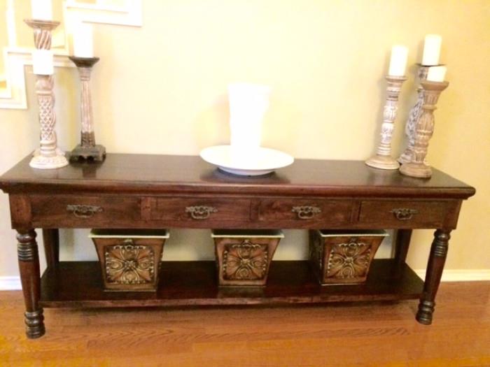 Over 6 Ft. Long Console Table with Shelf & 3 Drawers. Accessories Sold Separately.