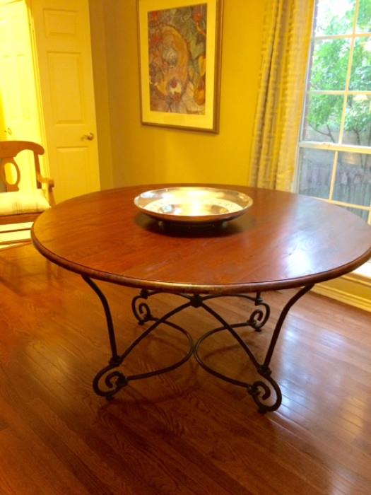 60" Round Red Solid Oak Table with Scroll Iron Metal Base. Accessories Sold Separately.