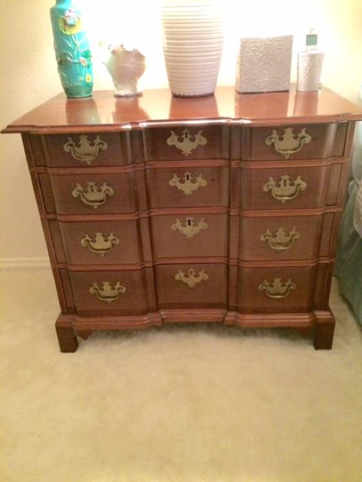 Old Colonial 4 Drawer Hardwood (Possibly Cherry?) Dresser w/ Solid Brass Hardware. Accessories Sold Separately.