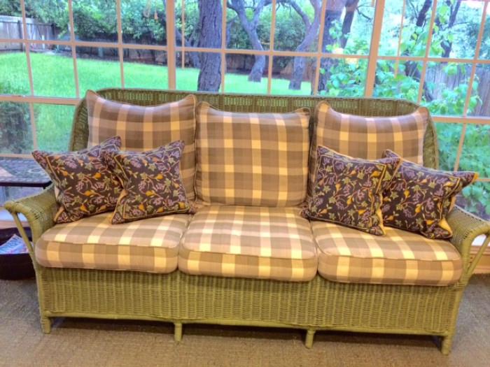 Bright Green, Real Wicker Couch with Green & Yellow Plaid Cushions. Throw Pillows Sold Separately.