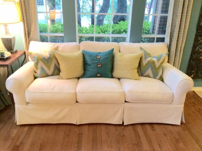 Newer White Canvas Couch, w/Foam Encased with Down Feathers Filled Cushions. Throw Pillows Sold Separately.
