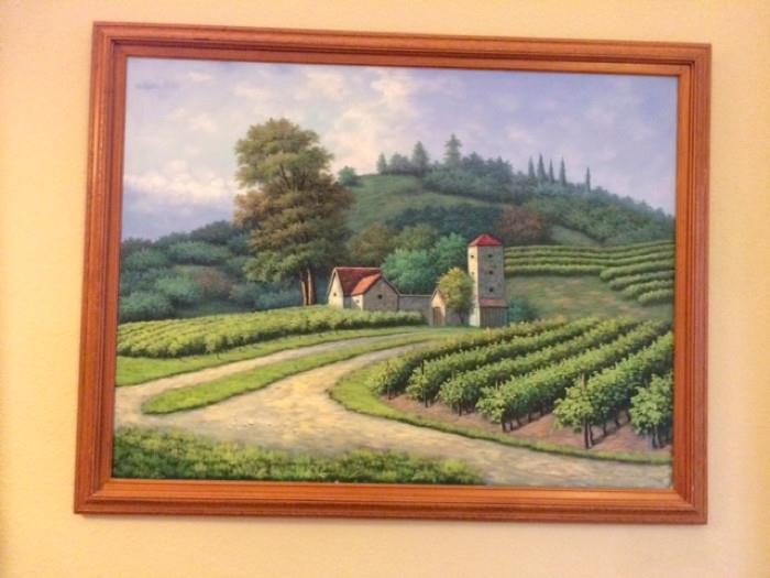 Lg. 2ft. X 3ft. Oil Painting of a Wine Country Estate. W/ Wood Frame