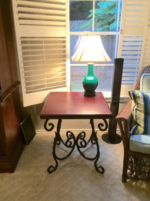 Red Square Hardwood Side Table, W/ Black Iron Metal Scroll Base. Lamp Sold Separately.