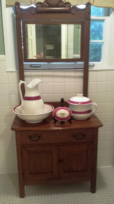 Oak wash stand, pitcher & bowl set with chamber pot. 