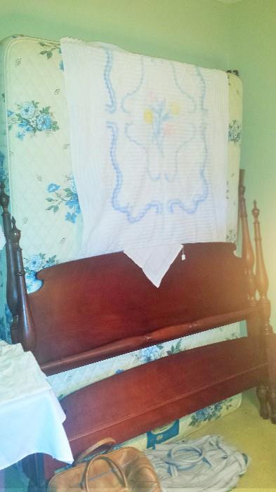 Full size mahogany bed, vintage chenille crib blanket