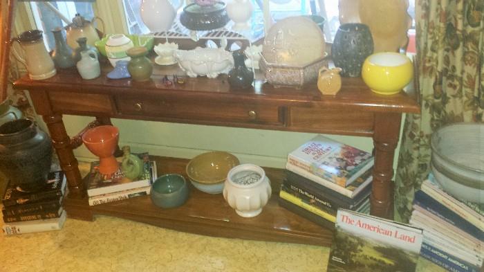 Sofa table, pottery collection including McCoy, Frankoma, Haegar, and several modern potters. 