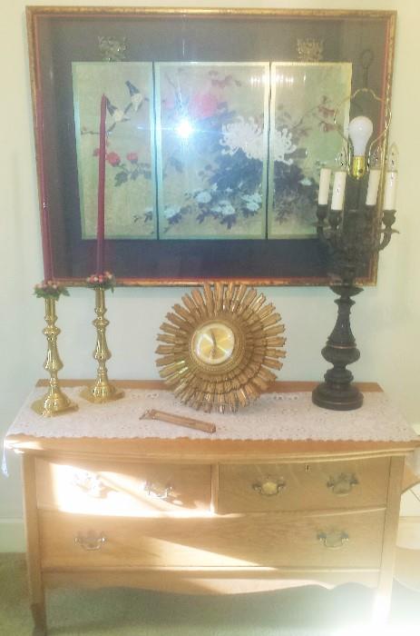 Low oak dresser, Heavy metal antique lamp, clock, kaleidoscope, and more! 