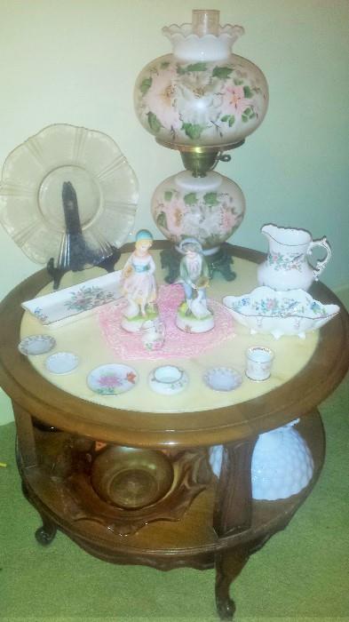 Marble inlay round table, hurricane lamp, Pink American Sweetheart salver, and more!