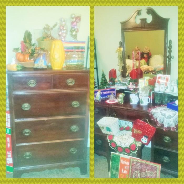 Mahogany vanity with bench & matching chest. Seasonal decorations including mercury glass Christmas ornaments.