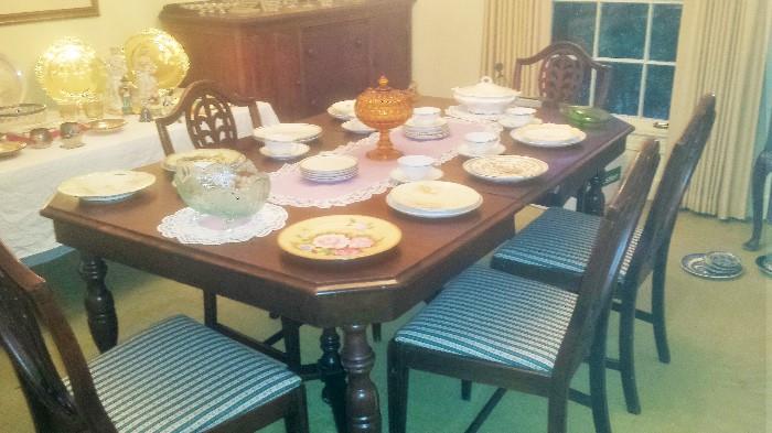  Mahogany dining table (2 leaves) & 5 chairs. Glass, China, and more!
