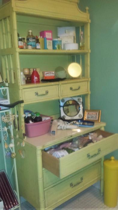 Mid century hutch along with vintage medicine bottles/advertising. Pedolatum, Nyquil, Old Spice, and more!