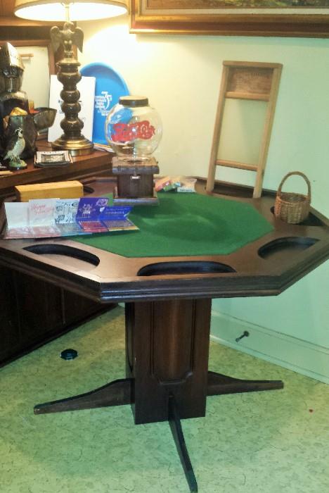 Poker table (reversible to form regular table), glass washboard, Pepsi-Cola gumball machine, Eagle lamp, knight decanter set, and more!