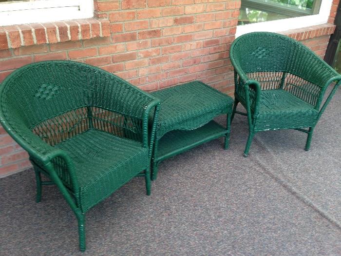 Wicker patio porch chairs and table